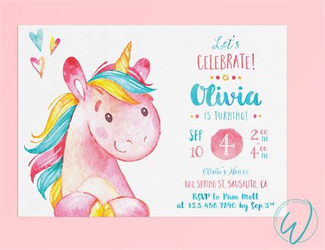 Invitación Fiesta De Cumpleaños De Unicornio Pequeña Niña Unicorn