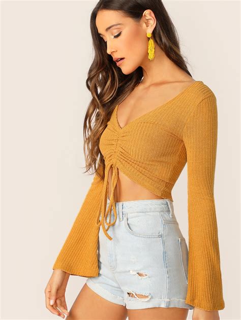 Up to 80% off summer sale. Drawstring Front Rib-knit Crop Top | SHEIN USA