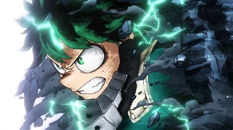 An Anime Character With Green Hair And Lightnings In The Sky Behind Him
