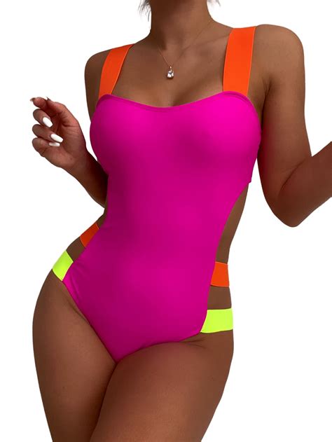 Buy Sheinwomen S Sexy Color Block Cut Out Tummy Control Swimsuit One Piece Swimsuit Online At