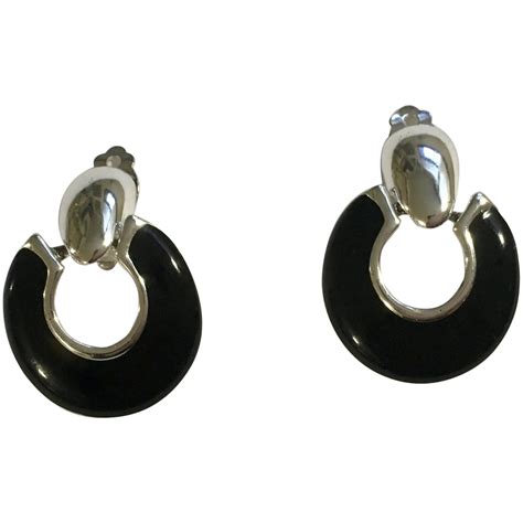 Shiny Black Enamel And Silver Tone Clip On Earrings Clip On Earrings