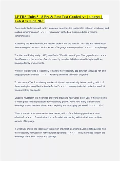 LETRS Units 5 - 8 Pre & Post Test Graded A+ | 4 pages | Latest version