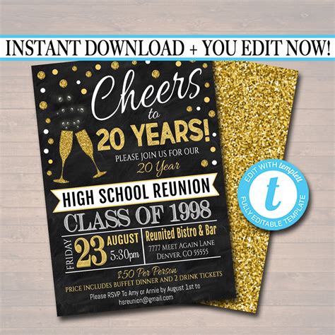 Editable Class Reunion Invitation Template Any Year College Reunion