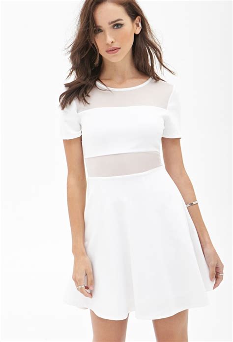 Mesh Paneled Skater Dress Dresses White Skater Dresses Demure Dress