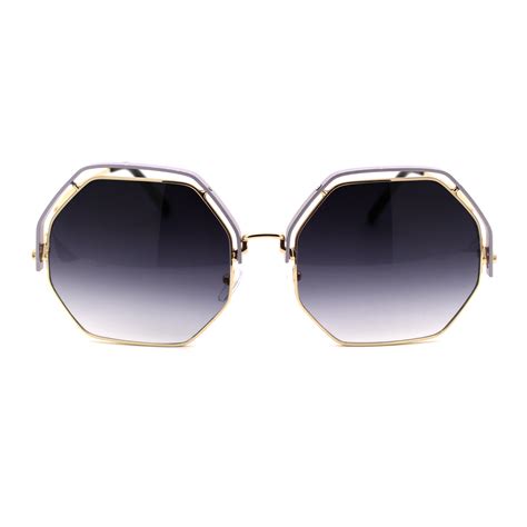 Womens Unique Lash Half Trim Octagonal Metal Sunglasses Gold Lavender