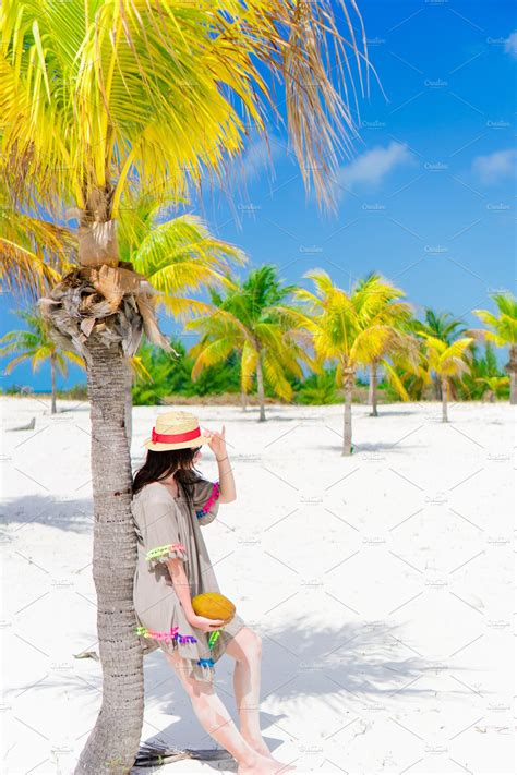 Young Beautiful Woman On Tropical Beach With Palmtrees People Photos