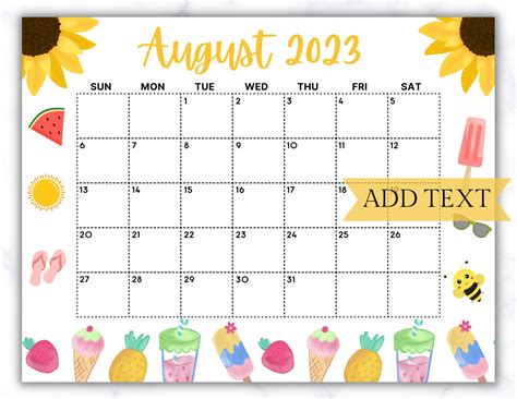 Editable August 2023 Calendar Printable Calendar 2023 School Etsy