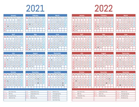 Printable 2021 And 2022 Calendar Two Year 12 Templates