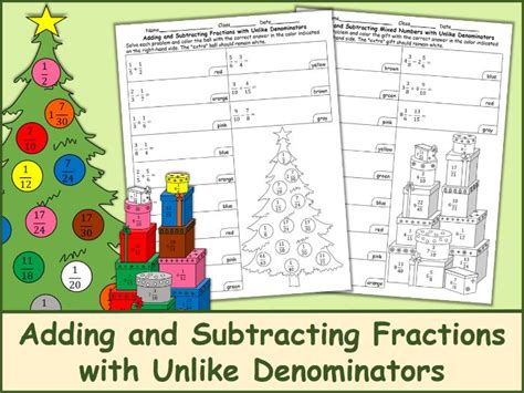 Christmas Worksheets Adding And Subtracting Fractions With Unlike