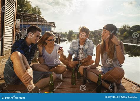 Friends Chilling Having Fun Near Lake Stock Photo Image