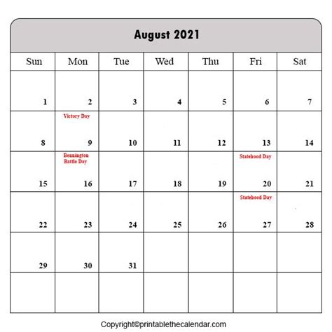 August 2021 Calendar With Holidays Free Printable Template
