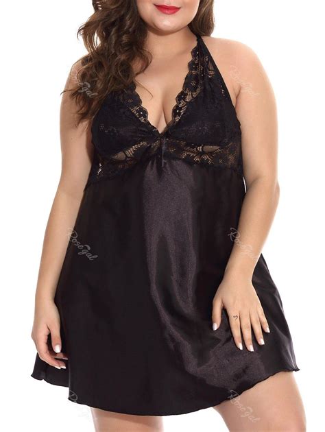 Off Plus Size Lace Panel Open Back Satin Babydoll Rosegal