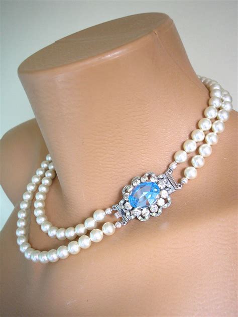 Pearl And Aquamarine Necklace Vintage Pearl Choker Aqua Blue Topaz Two Strand Bridal Pearls