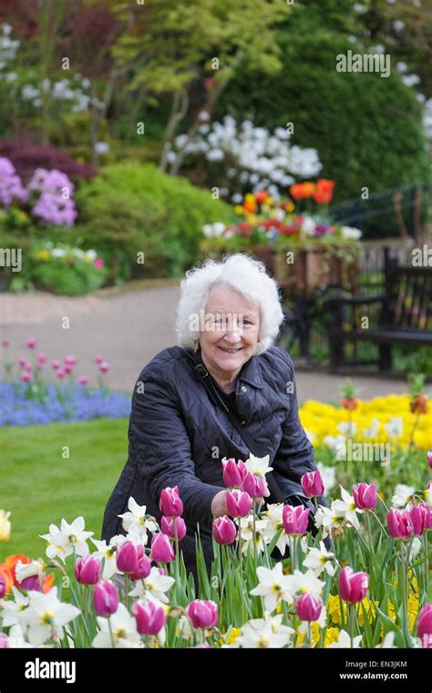 Elderly Women Admiring Spring Flowers Stock Photo Alamy