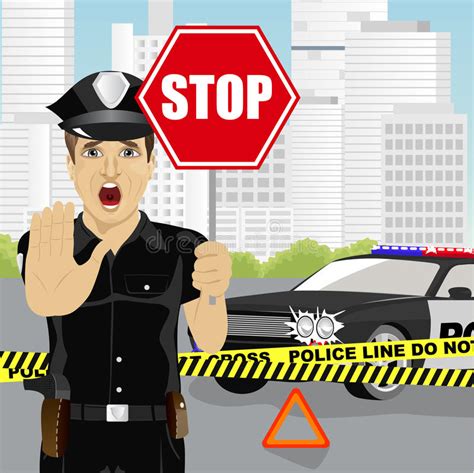 Traffic Policeman Holding A Stop Sign Stock Vector Illustration Of