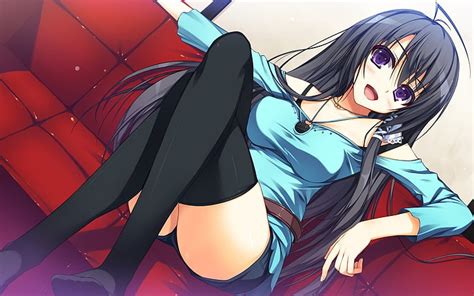 hd wallpaper black haired anime girl illustration legs thigh highs purple eyes wallpaper flare