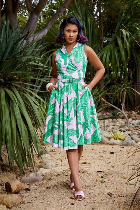 Pinup Couture Edie Dress In Palm Print Pinup Couture Tiki Dress