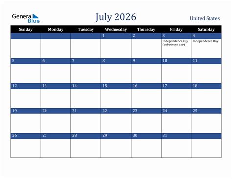 July 2026 United States Holiday Calendar