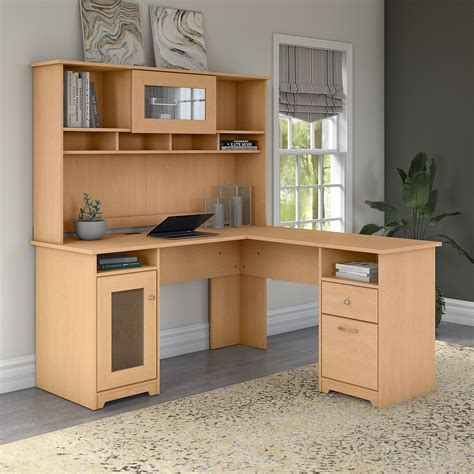 60w L Shaped Computer Desk With Hutch In Natural Maple