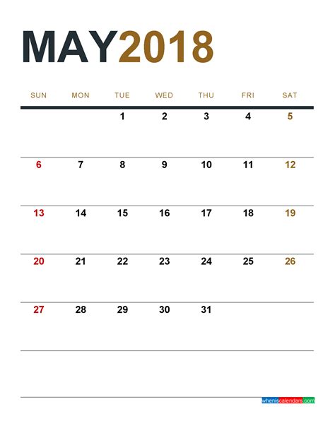May 2018 Calendar Printable As Pdf And Image 1 Month 1 Page