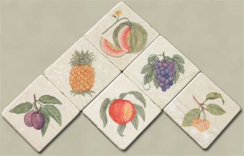 Assorted Fruit Tiles On Tumbled Stone Tile Decorative Tile Inserts