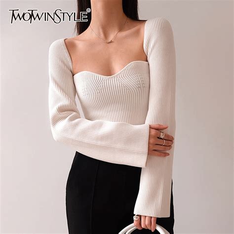 Twotwinstyle Elegant Side Split Knitted Women S Sweater Square Collar Long Sleeve Sexy Sweaters