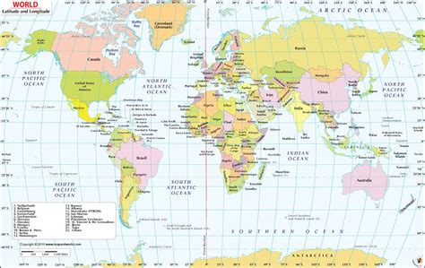 World Map With Latitude And Longitude Laminated 36 W X 23 H