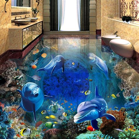 Custom 3d Flooring Sticker Dolphin Beautiful Underwater World Bathroom