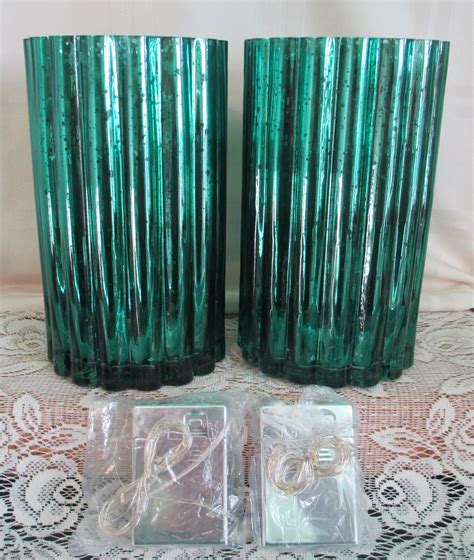 Valerie Parr Hill 2 Illuminated Ribbed Mercury Glass Hurricanes Green