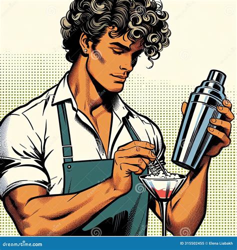 Cartoon Man with Shaker and Martini Glass, Thumb Up Gesture Stock