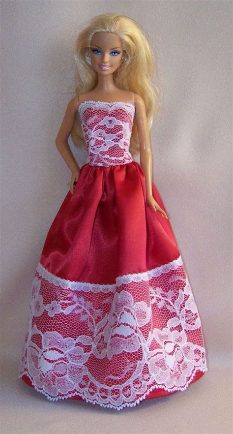 Handmade Barbie Clothes Red Satin Gowndress With Lace Sewing Barbie