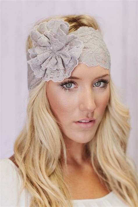 Gray Lacy Headband Wide Lace Head Band With Lace Flower Lace