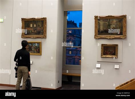 Paris France Louvre Museum Male Tourist Looking At French Paintings