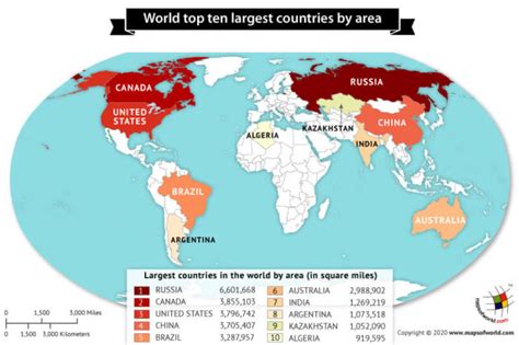 Map Showing Top 10 Largest Countries In The World By Area Answers