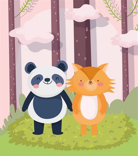 Little Panda And Fox Cartoon Character Forest Foliage Nature Landscape