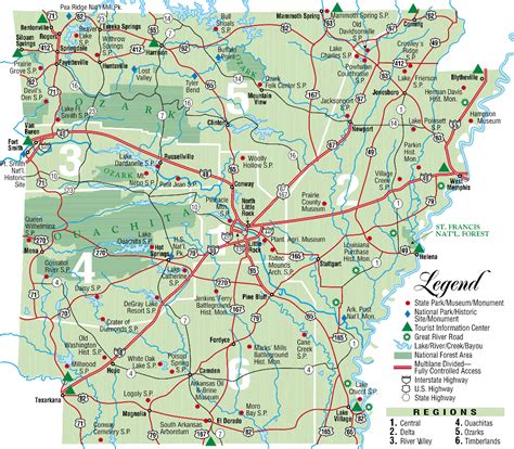 Map Highlights Arkansas State Parks And Tourist Areas Including Towns