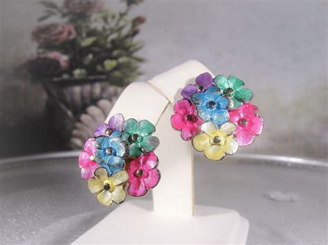 Clip On Earrings Vintage Enamel Floral Earrings Flower Earrings Mid