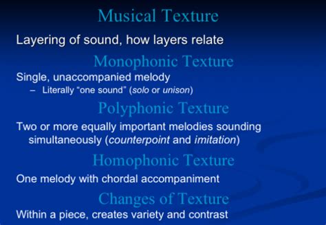 In music, texture is how the tempo, melodic, and harmonic materials are combined in a musical composition, determining the overall quality of the sound in a piece. What Are The Types Of Texture In Music - slideshare