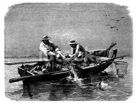 Antigua Ilustración De Pescadores Stock Vector