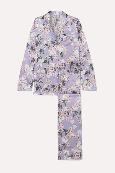 Olivia Von Halle Maleficent Lila Floral Print Silk Satin Pajama Set