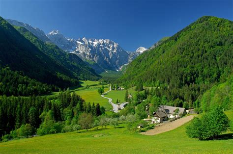 Spring Alpine Valley Mountains Fields Landscape Wallpaper Nature