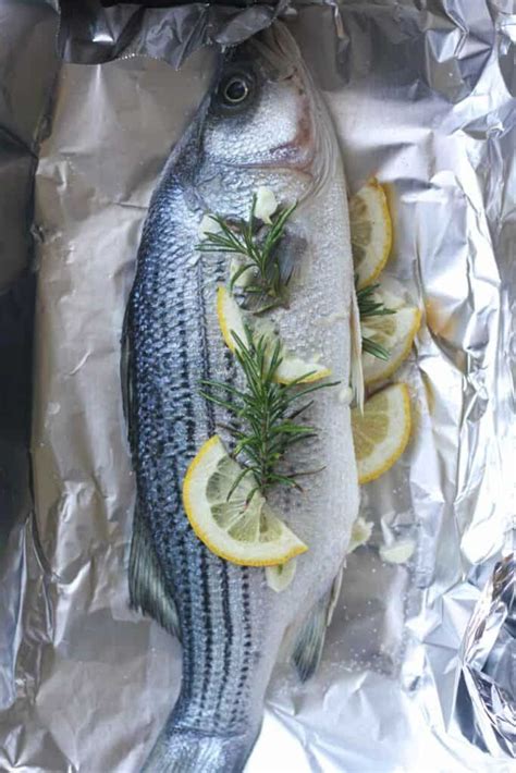 Baked Whole Striped Bass In Foil Recipe Striped Bass Recipe Striped Bass Recipe Baked