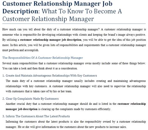 They will help them with sales opportunities and drawing in customers. Customer Relationship Manager Job Description: What To ...