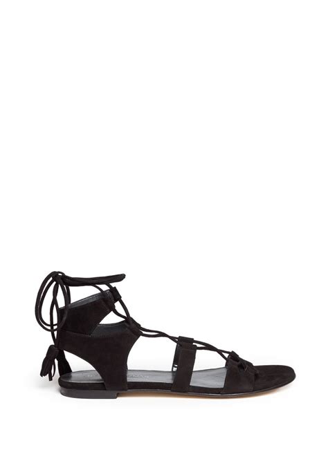 lyst stuart weitzman roman flat suede gladiator sandals in black