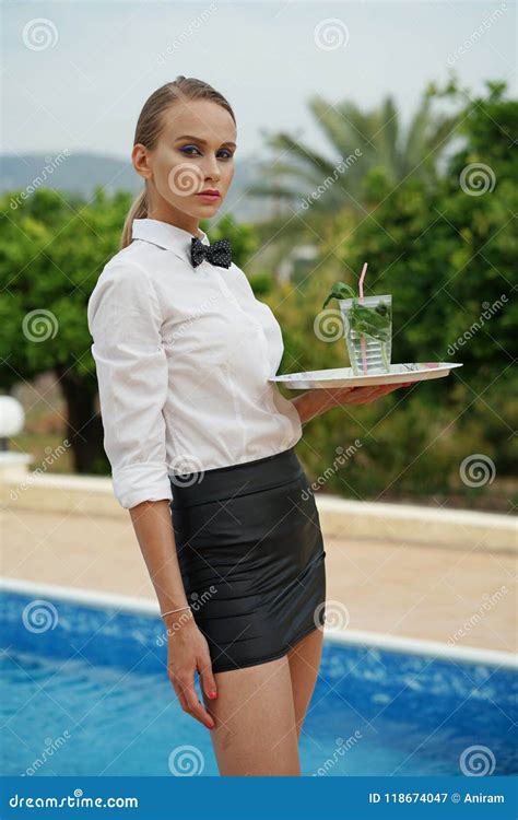 Waitress With Tray And Drink Outdoors Stock Image Image Of Serving Woman 118674047