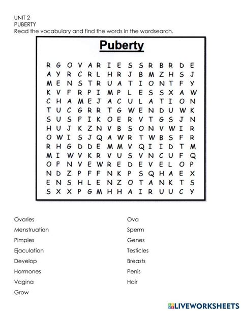 Puberty Wordsearch Worksheet Live Worksheets