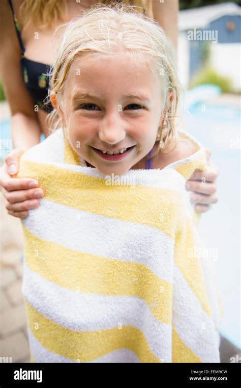 Caucasian Mother Drying Daughter Near Swimming Pool Stock Photo Alamy