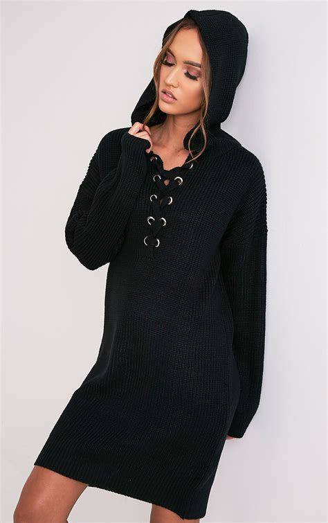 Megaen Black Oversized Hoodie Knitted Dress Prettylittlething