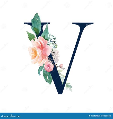 Floral Alphabet Navy Color Letter V With Flowers Bouquet Composition