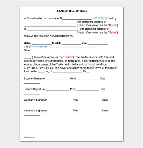 14 Free Trailer Bill Of Sale Forms Word Pdf Docformats